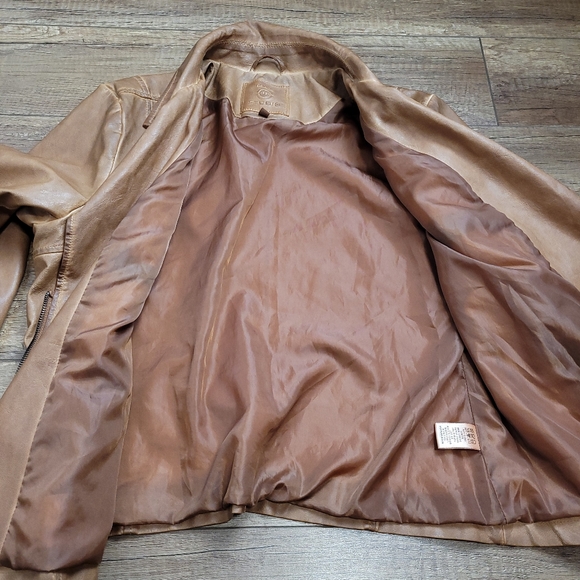 Max Studio Women's caramel tan aged Faux Leather moto biker jacket, L - Picture 7 of 16